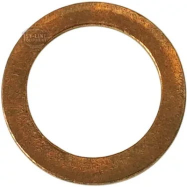 The F.1503 WASHER 18.5x13x1.4mm is a flat, circular copper washer with a central hole, displayed against a white background. © 2025 1st-line.com