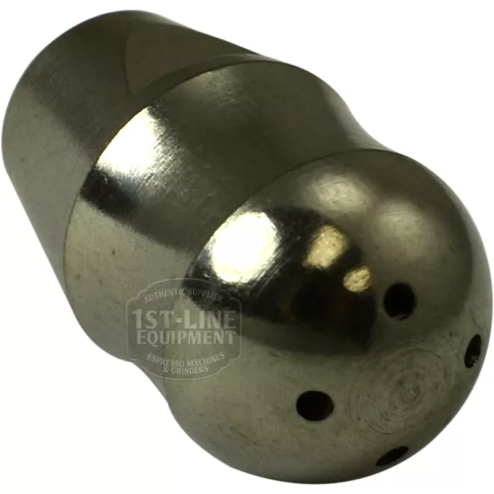 The F.1862 STAINLESS STEEL STEAM STEM TIP is a metallic, bullet-shaped steam tip with four small holes, designed for use with espresso machine steam wands. © 2025 1st-line.com