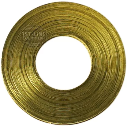 The F..958 14 X 1 BRASS WASHER is a round, gold-colored brass washer with concentric grooves, a large central hole, and a textured shiny surface. © 2025 1st-line.com