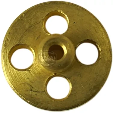 The F..998 SPRING GUIDE is a round, flat brass disk with a central hole and four evenly spaced surrounding holes, resembling a gear when viewed from above. © 2025 1st-line.com