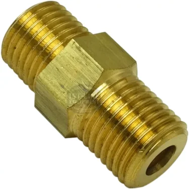The G...80 1/4 x 1/4 FITTING is a brass, hexagonal pipe fitting with threaded ends for connecting two pipes or hoses, allowing easy tightening with a wrench. © 2025 1st-line.com