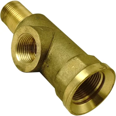 The GI.296 TAP BODY is a brass plumbing fitting with three threaded openings for connecting pipes or hoses, displayed on a white background. © 2025 1st-line.com