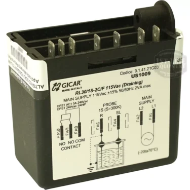 The Gicar Brain Unit - 9.1.41.21G03, 115V is a black electronic control module with multiple metal prongs and a labeled white sticker, designed for ECM Classika II/PID machines. © 2025 1st-line.com