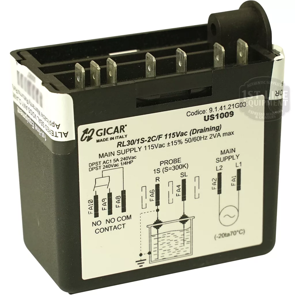 The Gicar Brain Unit - 9.1.41.21G03, 115V is a black electronic control module with multiple metal prongs and a labeled white sticker, designed for ECM Classika II/PID machines. © 2025 1st-line.com