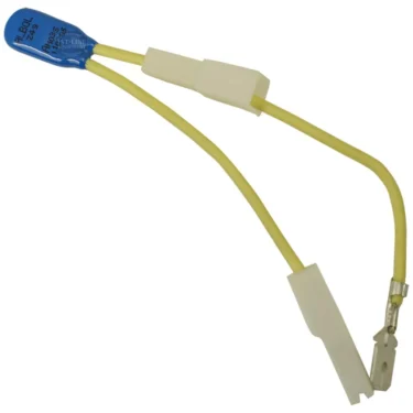 A blue thermal fuse with two yellow wires and white connectors, set against a white background—Lelit 9600056 Pump Thermostat, compatible with Lelit machines or pump thermostat assemblies. © 2025 1st-line.com