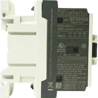 A close-up of a Lelit CP029 220V 10 Amp Contactor with technical specs and certifications on the front panel. The white and black device features visible mounting slots. © 2025 1st-line.com