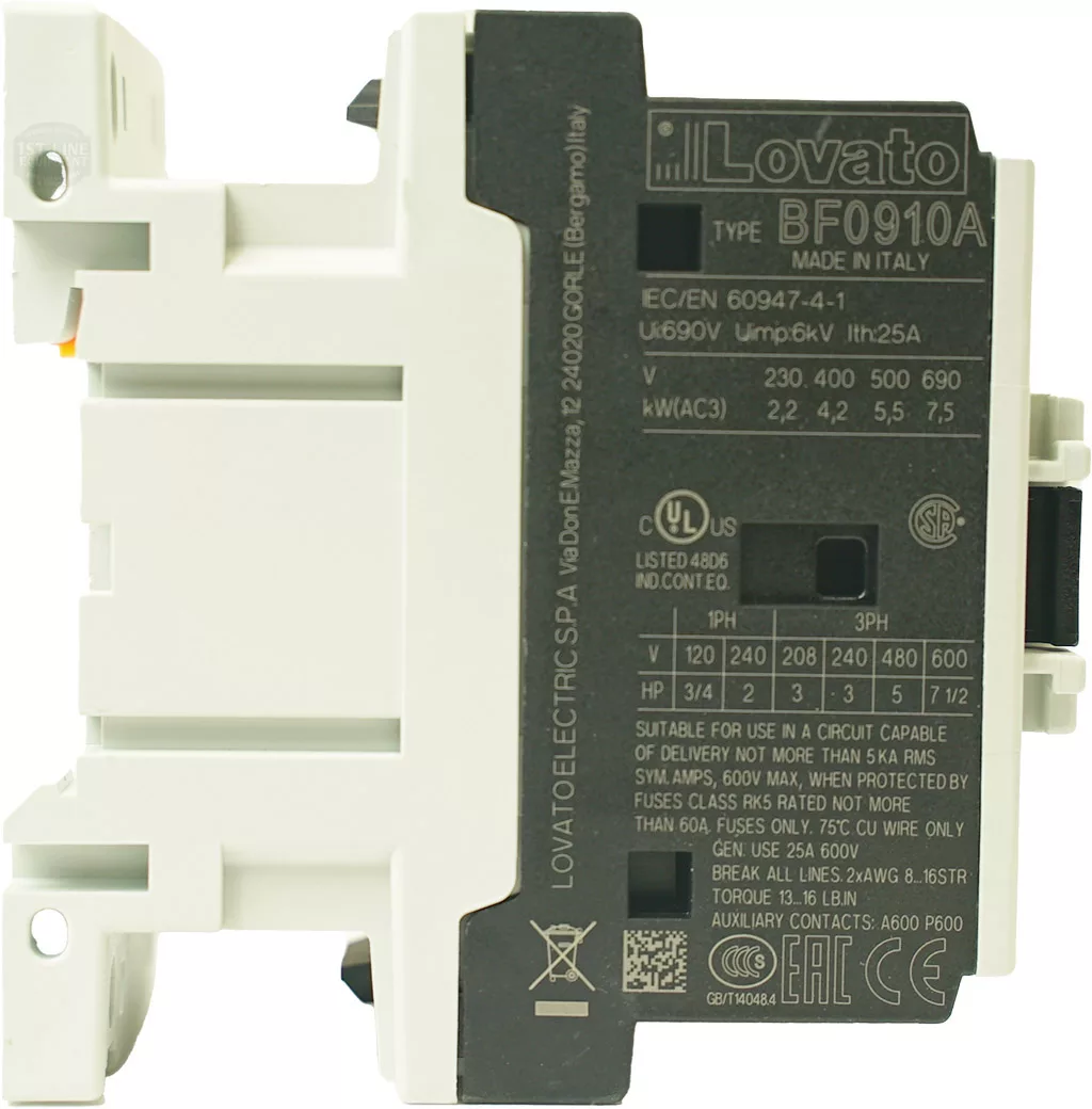 A close-up of a Lelit CP029 220V 10 Amp Contactor with technical specs and certifications on the front panel. The white and black device features visible mounting slots. © 2025 1st-line.com