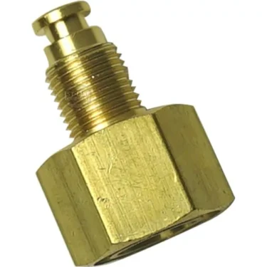 A close-up of the Elektra 03804014 Milk Frother Solenoid Valve Connection, a brass adapter fitting with a hex base and threaded male end, ideal for connecting pipes or hoses in milk frother solenoid valve assemblies. © 2025 1st-line.com