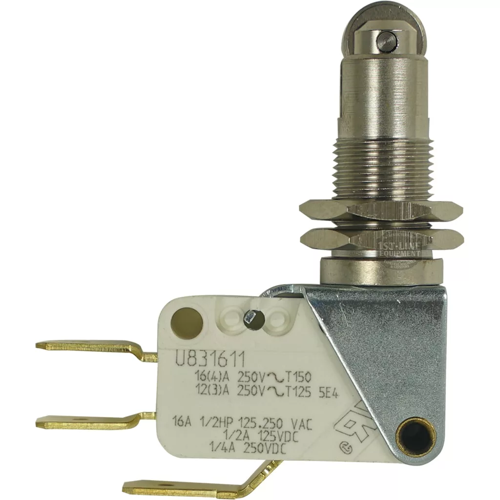 A close-up of the Lelit 9600080 E61 Grouphead Lever Microswitch, featuring three gold terminals and a white label with specs and part number U831611—perfect for use in E61 grouphead machines. © 2025 1st-line.com