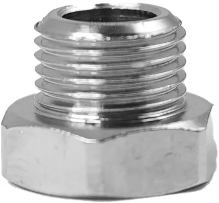 A close-up of the Lelit MC118 Boiler Tap Cap, a shiny metallic hexagonal nut with external threads, designed for mechanical fastening or plumbing use. © 2025 1st-line.com