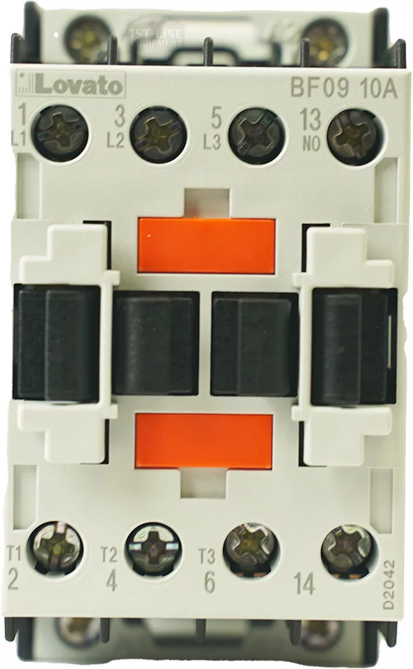 A close-up view of a Lelit CP029 220V 10 Amp Contactor, featuring connection terminals, labeled markings, and black and orange actuator buttons on its white and gray rectangular body. © 2025 1st-line.com