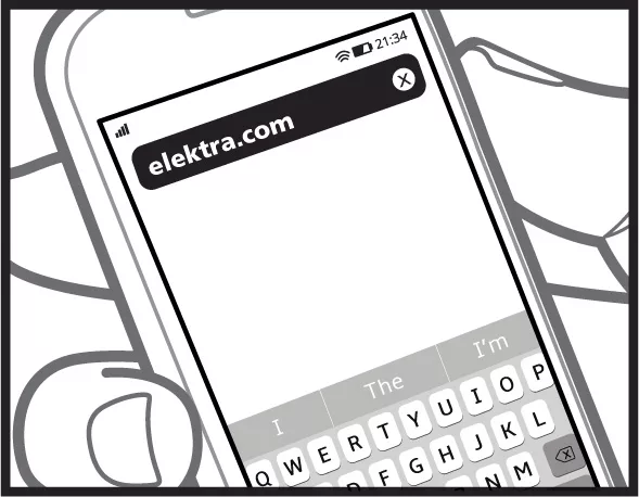 A hand holding a mobile device with a web browser open, displaying the URL elektra.com in the address bar and the on-screen keyboard visible below, connected via WiFi connection. © 2025 1st-line.com