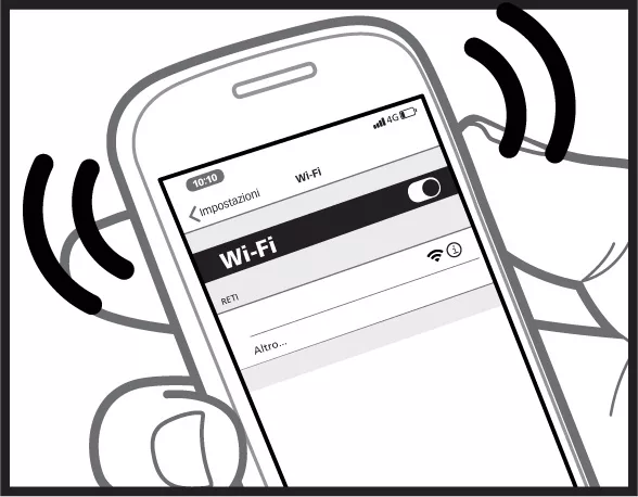 A hand holds a mobile device showing Wi-Fi settings in Italian, the WiFi connection switched on with one network available. Black curved lines indicate wireless signals emitting from the phone. © 2025 1st-line.com