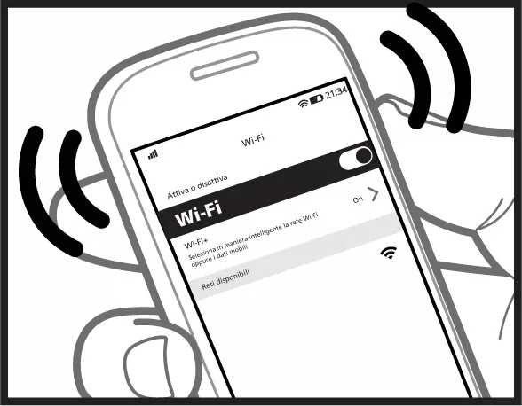 A hand holds a mobile device with the Wi-Fi settings screen open in Italian, showing WiFi connection is on and available networks. Black lines illustrate wireless signals from the device. © 2025 1st-line.com
