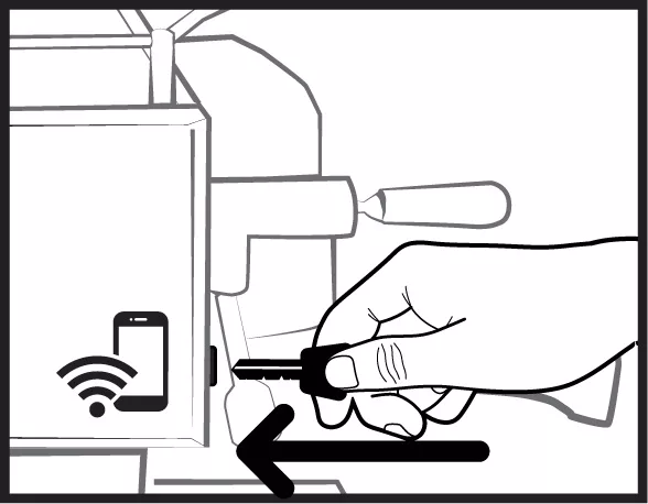 A hand inserts a USB device into a port on an Elektra Verve machine, with a mobile device and WiFi connection symbol shown nearby. A bold arrow points left, indicating the direction of insertion. © 2025 1st-line.com