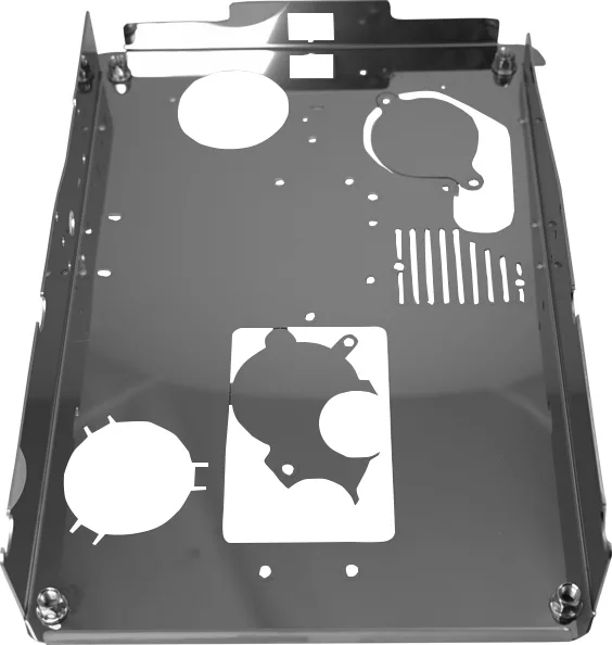 A metallic computer drive mounting bracket with various cut-outs and slots to securely hold components in a case; compatible with the Lelit 1400158 Bottom Body Panel. © 2025 1st-line.com