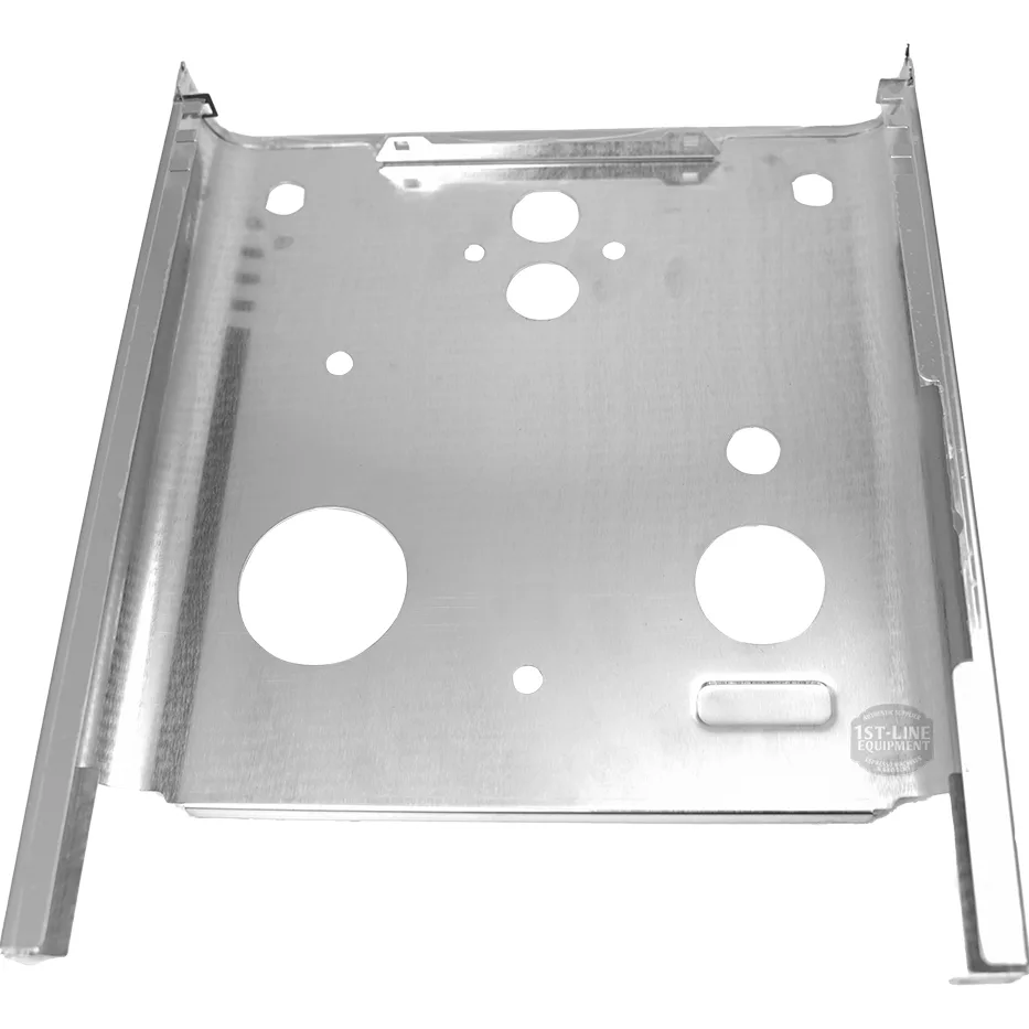 A silver rectangular metal mounting bracket with round cutout holes and raised edges, the Lelit 1400159 Outside Front Body Panel is commonly used for installing computer hardware components or as a front body panel. © 2025 1st-line.com