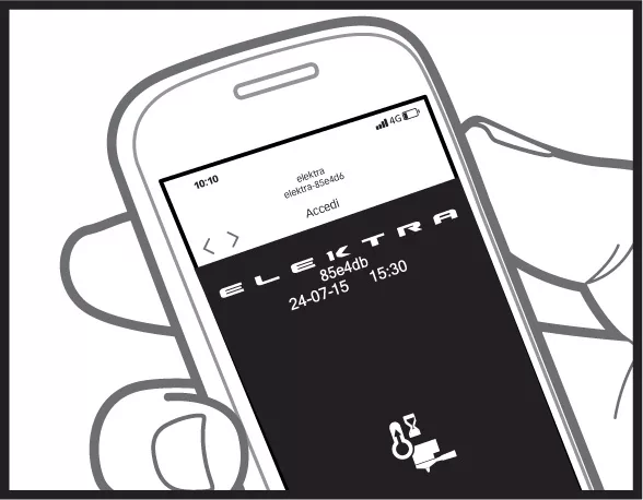 Black and white illustration of a hand holding a mobile device displaying the ELEKTRA app, with date, time, a key and padlock icon, and an Accedi (Access) option—ideal for managing Elektra Verve access over WiFi connection. © 2025 1st-line.com