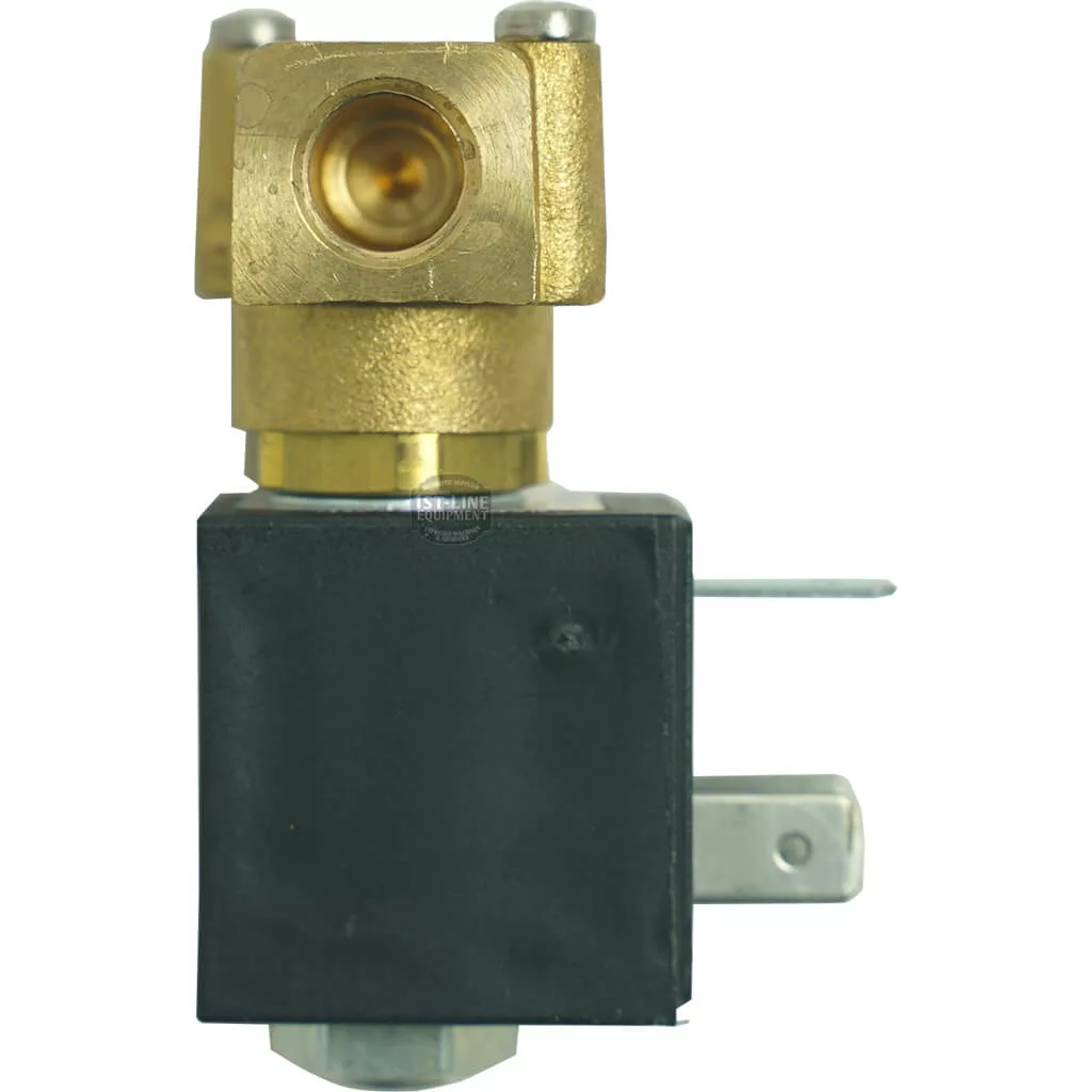 Close-up image of the DISCONTINUED Lelit 9700045 2-Way Solenoid Valve Assembly, 110V, showing its brass body, black rectangular coil base, and two metal electrical connectors. © 2025 1st-line.com
