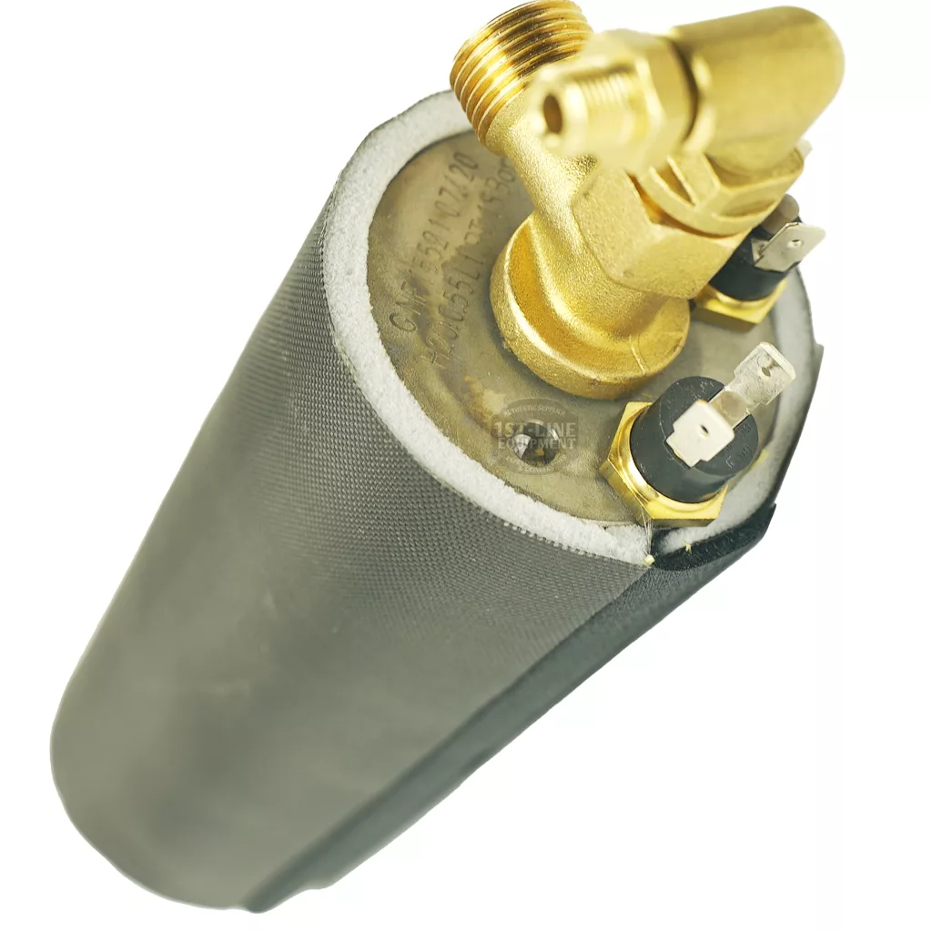 Close-up of a brass valve attached to the Lelit 1000165 110V Coffee Boiler Assembly, featuring metal connectors. © 2025 1st-line.com