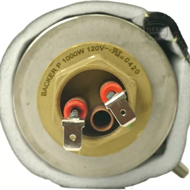 Close-up of a round metal heating element for Lelit 1000165 110V Coffee Boiler Assembly; features two terminals with red washers, a central copper tube, and is ideal as an original or replacement part. © 2025 1st-line.com