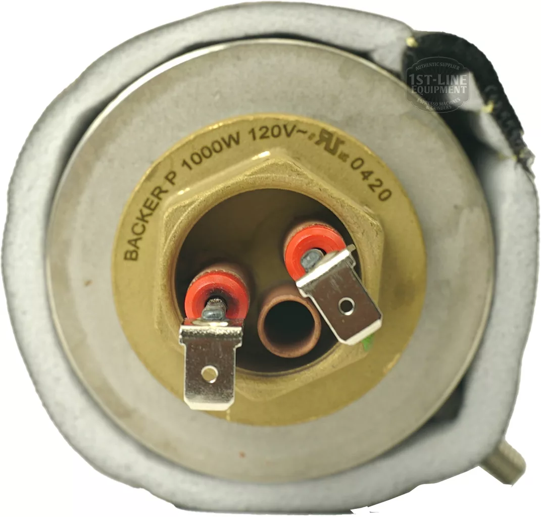 Close-up of a round metal heating element for Lelit 1000165 110V Coffee Boiler Assembly; features two terminals with red washers, a central copper tube, and is ideal as an original or replacement part. © 2025 1st-line.com