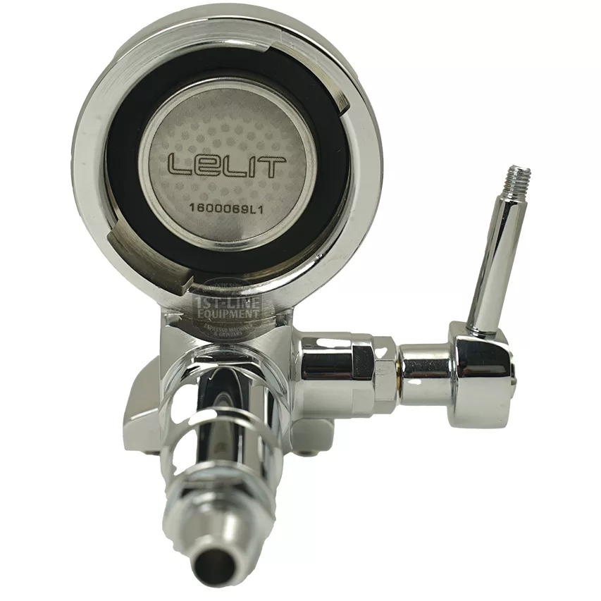 Close-up of a shiny, metallic DISCONTINUED Lelit 1000154 Semi-Complete E61 Grouphead Assembly, with Lelit and 1600068SL1 engraved inside the portafilter holder. A steam or hot water wand is attached to the right side. © 2025 1st-line.com