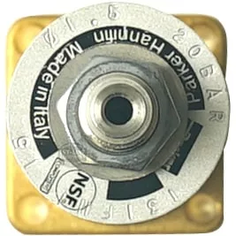 Close-up of the Elektra 06065035 Solenoid Valve by Parker Hannifin, showing a hexagonal bolt and metallic plate with Made in Italy and 20 BAR text, mounted on a yellow Elektra base. © 2025 1st-line.com