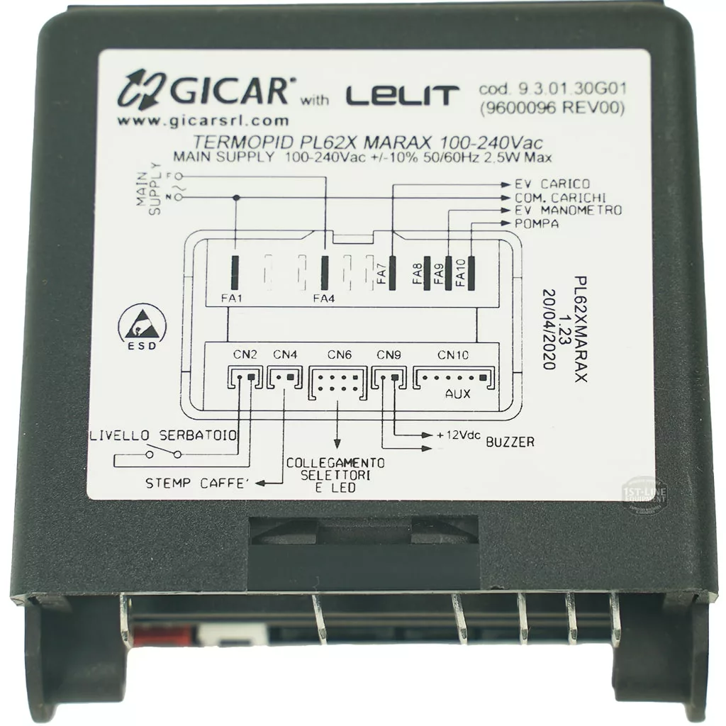 Close-up of the Gicar 9600096 Brain Unit - 9.3.01.46G for Lelit PL62X Mara X, showing connector ports, wiring diagram, labels, and technical specs for this coffee machine component. © 2025 1st-line.com
