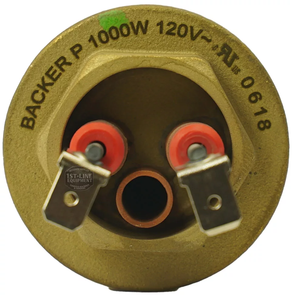 Close-up of the Lelit CD343/110 Coffee Boiler Copper Heating Element - 1000W, 120V, featuring two metal terminals with red insulators and a central copper tube at its base. © 2025 1st-line.com