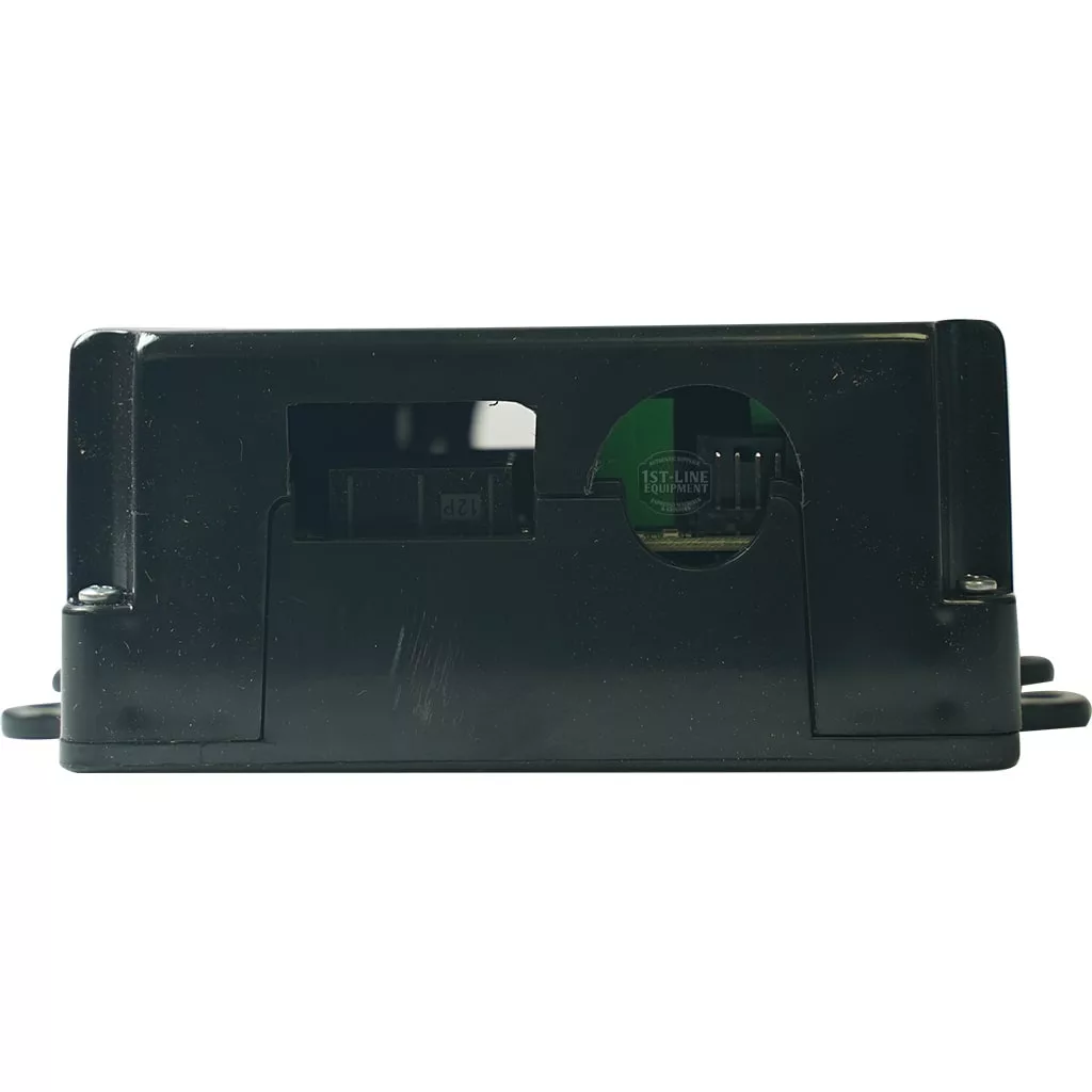 Close-up view of the Elektra 05150034 230V Control Box Assembly in black, featuring rectangular and circular cutouts that reveal internal components, connectors, and side mounting flanges. © 2025 1st-line.com