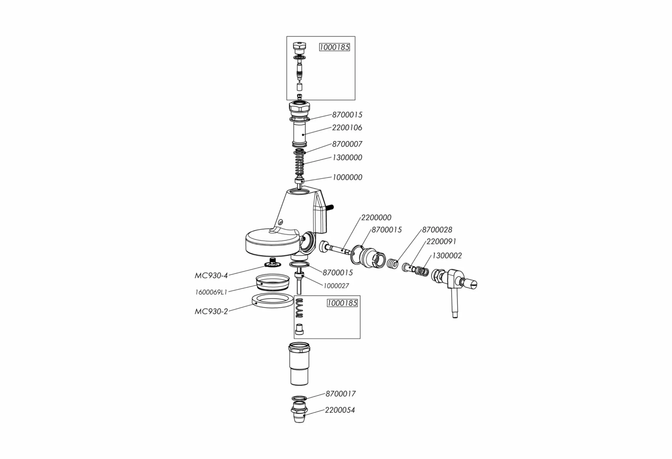 Exploded diagram of a mechanical assembly with labeled parts, including springs, washers, screws, a cylindrical filter, and a main housing, showing individual components separated for clarity. © 2025 1st-line.com