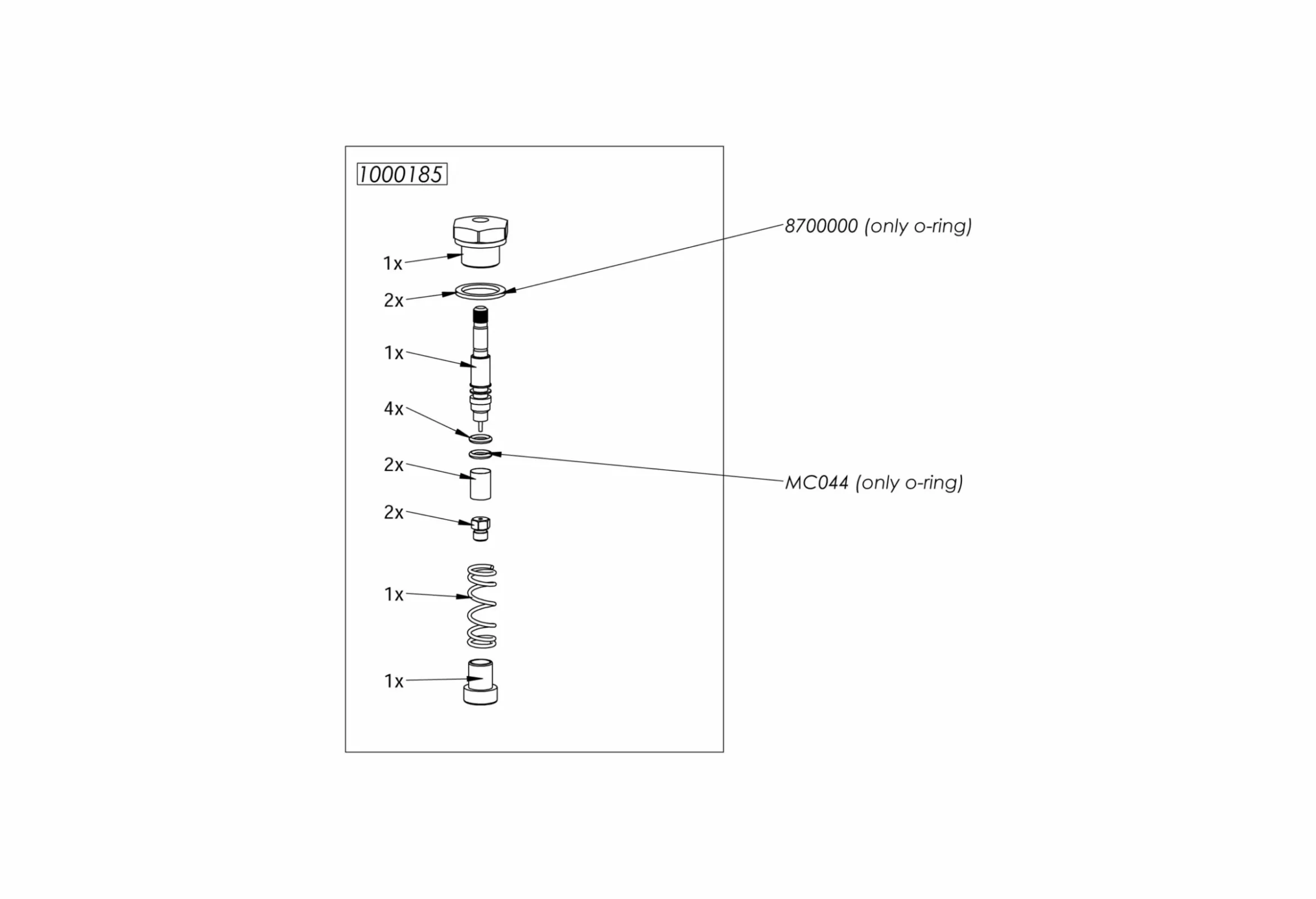 Exploded diagram of a mechanical assembly with labeled parts, o-rings, a spring, and connecting lines indicating part numbers 8700000 and MC044 (only o-ring). Quantities for each part are shown beside the components. © 2025 1st-line.com