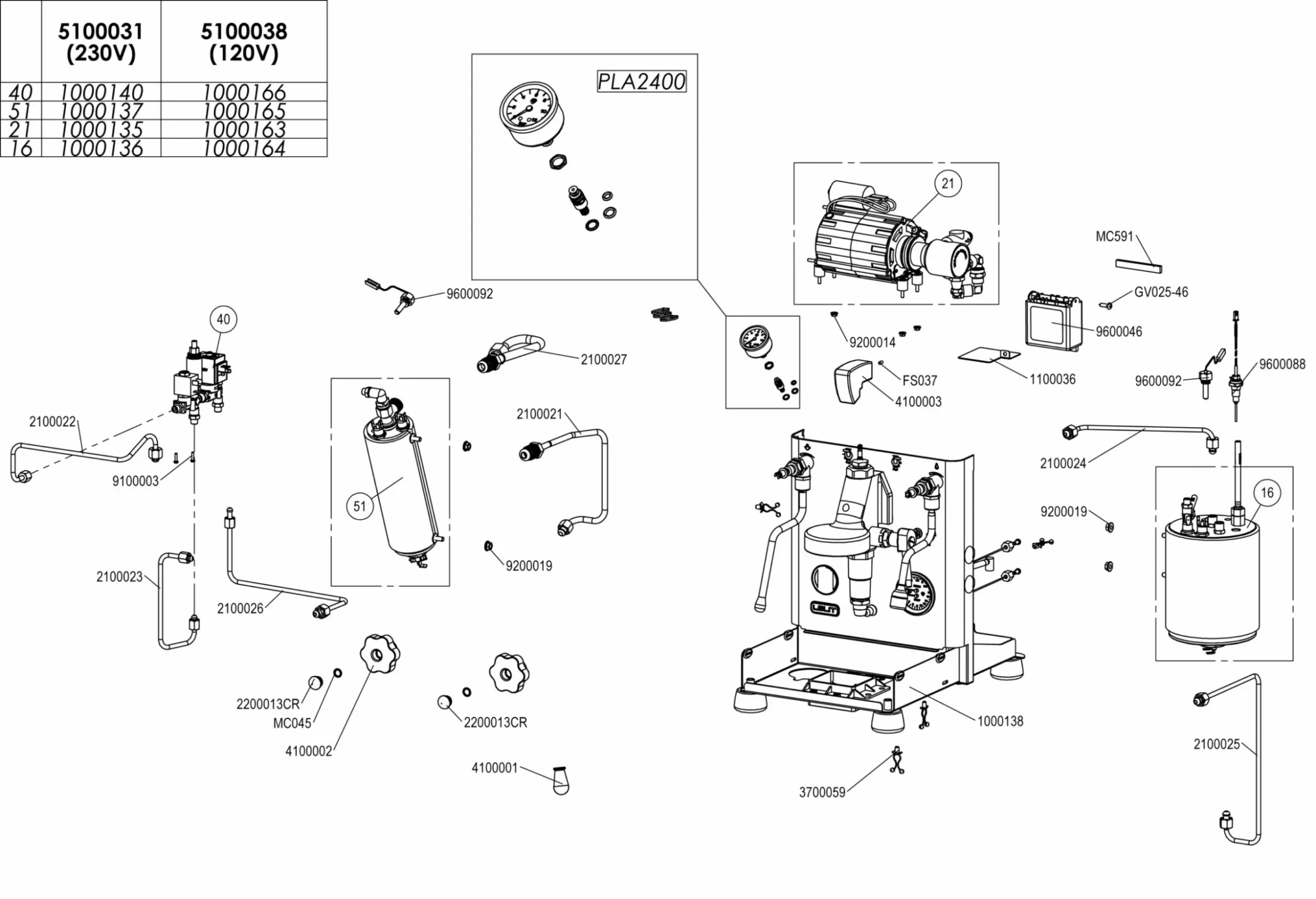 Exploded diagram of a mechanical device, showing individual components like a motor, pressure gauge, hoses, and other parts, each labeled with numbers for assembly reference; includes a reference table in the top left corner. © 2025 1st-line.com