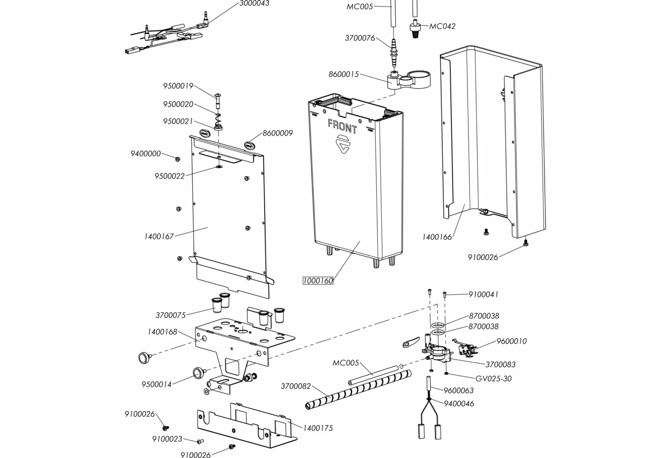 Exploded diagram of a mechanical device showing individual labeled parts, including a rectangular tank, cover, mounting brackets, screws, valves, tubing, and various hardware components arranged for assembly. © 2025 1st-line.com