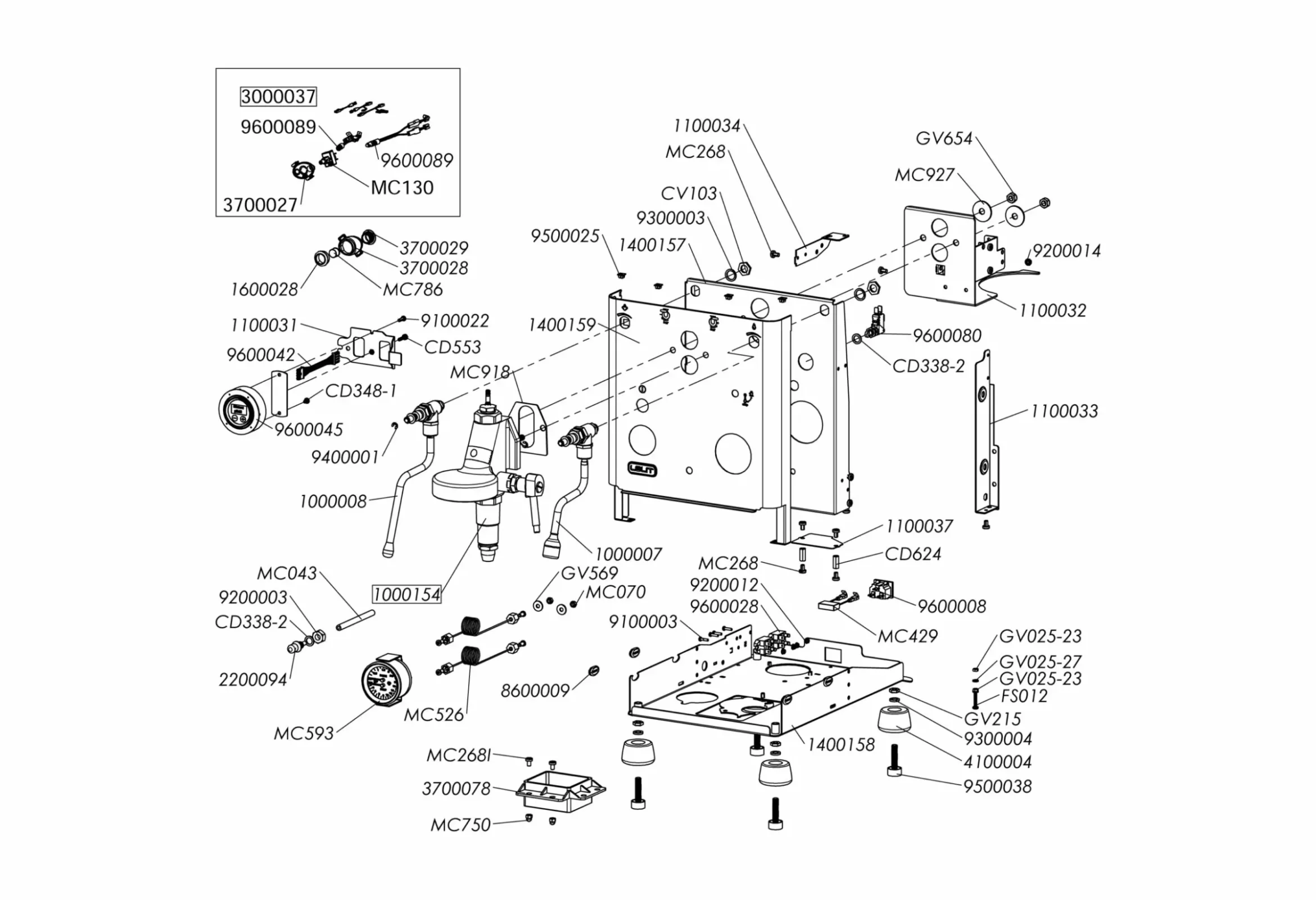 Exploded diagram of a mechanical device showing various components, including screws, levers, springs, valves, and panels, each labeled with part numbers for assembly reference. © 2025 1st-line.com