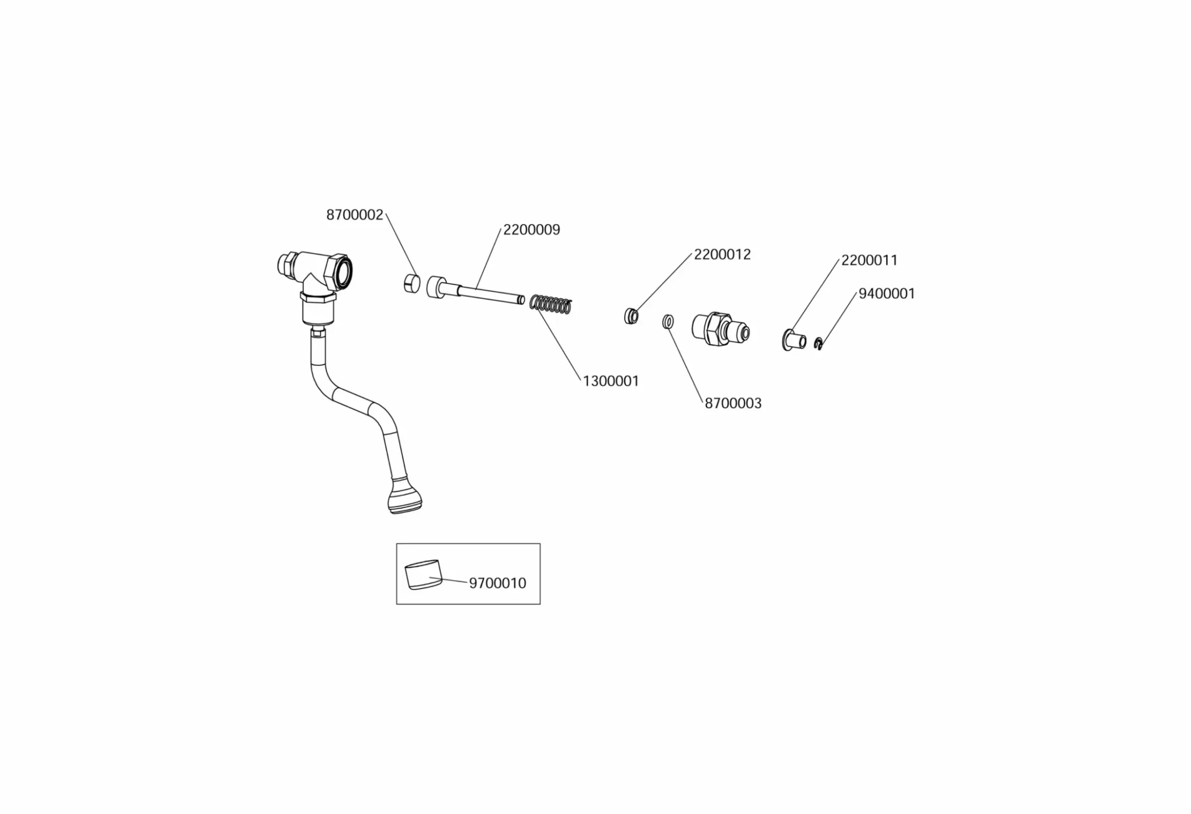 Exploded diagram of a pipe assembly with labeled parts, including connectors, a spring, a bolt, and a small box shown separately, each part marked with a reference number. © 2025 1st-line.com