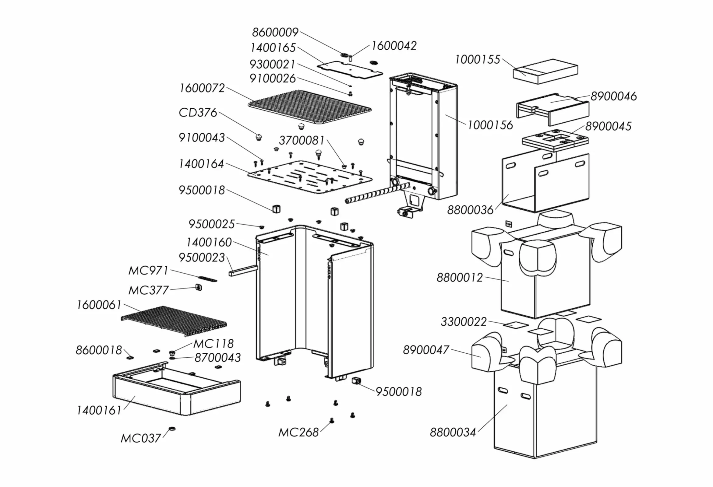 Exploded diagram of a rectangular appliance or machine showing individual parts, including panels, trays, and internal components, each labeled with reference numbers and codes for assembly or identification. © 2025 1st-line.com