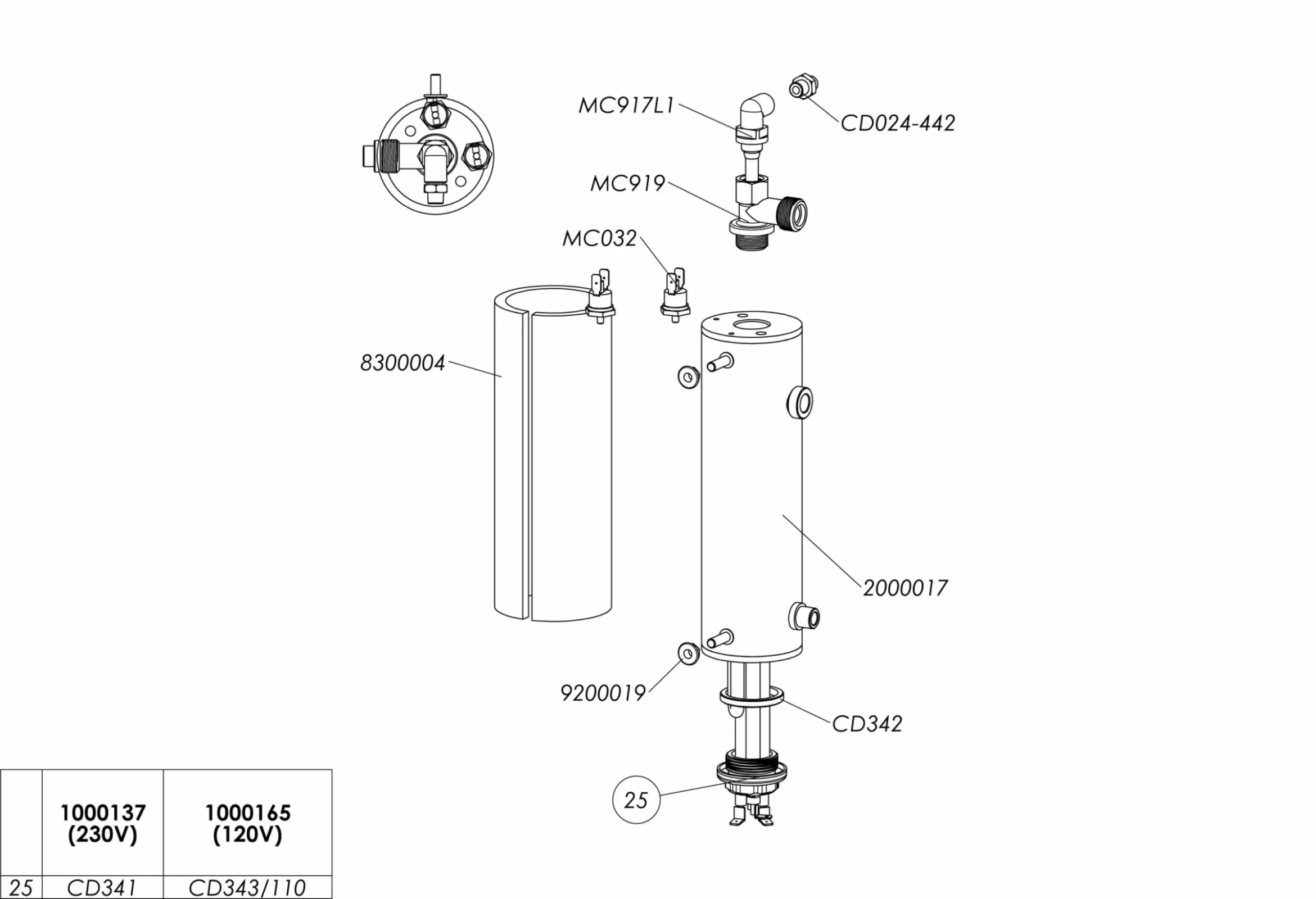 Exploded technical diagram of a cylindrical component with labeled parts, fittings, and connectors. An inset shows a top-down view. Part numbers and a reference table are included at the bottom of the image. © 2025 1st-line.com