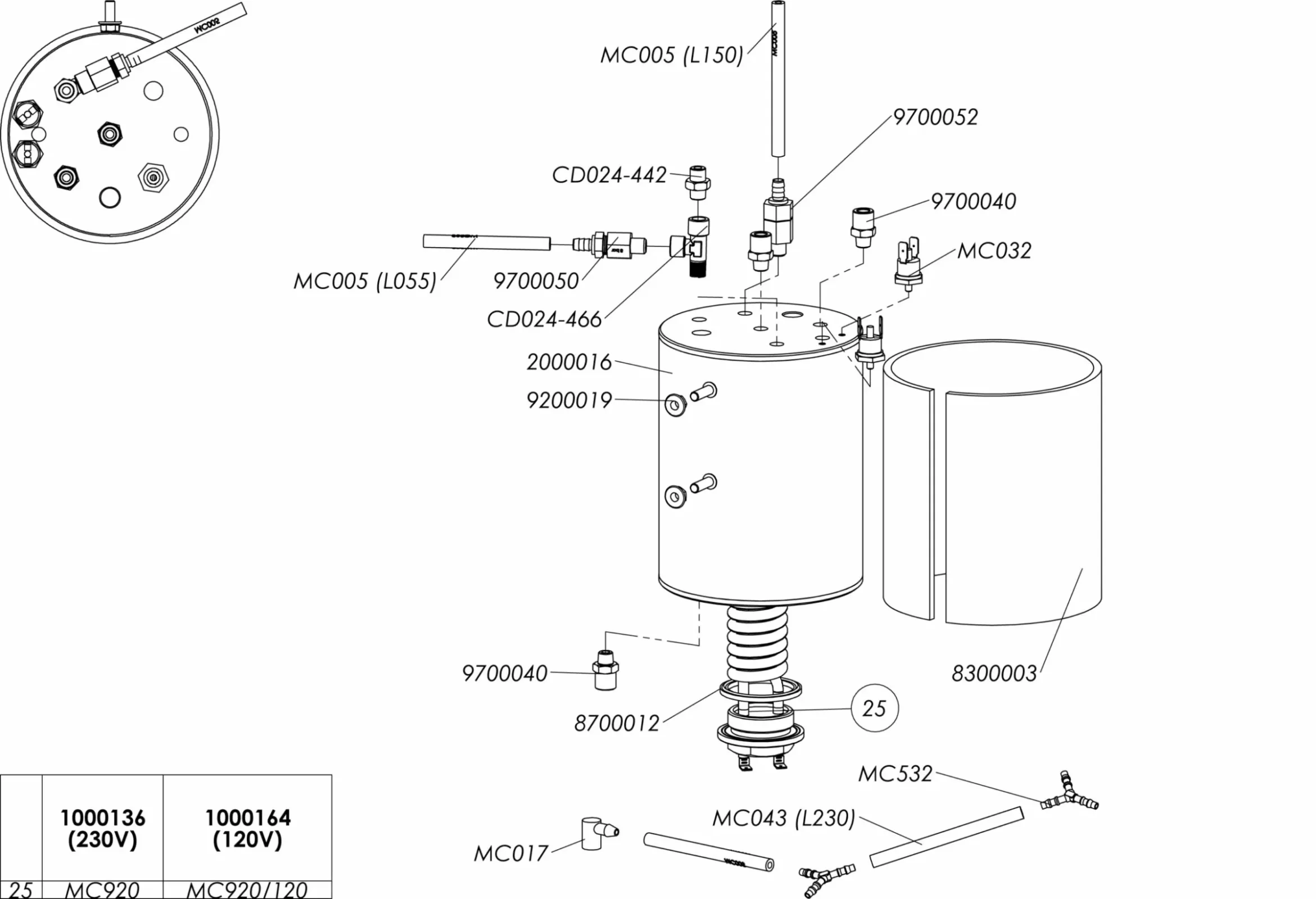 Exploded technical diagram of a cylindrical device with labeled components, parts numbers, and connectors; the cylinder is shown disassembled with each part depicted separately and identified by reference codes. © 2025 1st-line.com