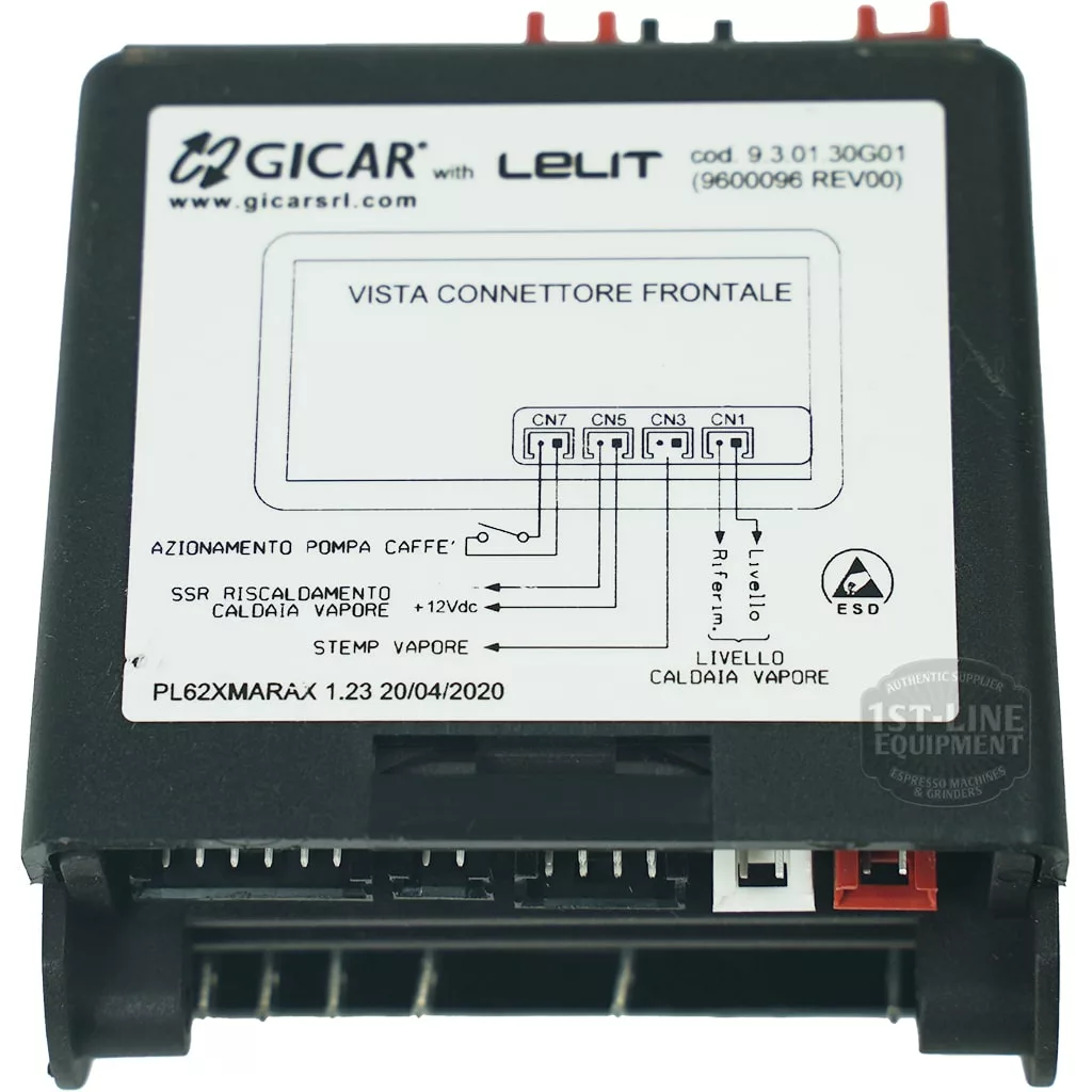 Rectangular black Gicar 9600096 Brain Unit (9.3.01.46G), labeled “GICAR with Lelit,” for Lelit PL62X Mara X, features coffee and steam wiring diagrams plus multiple front ports and connectors. © 2025 1st-line.com