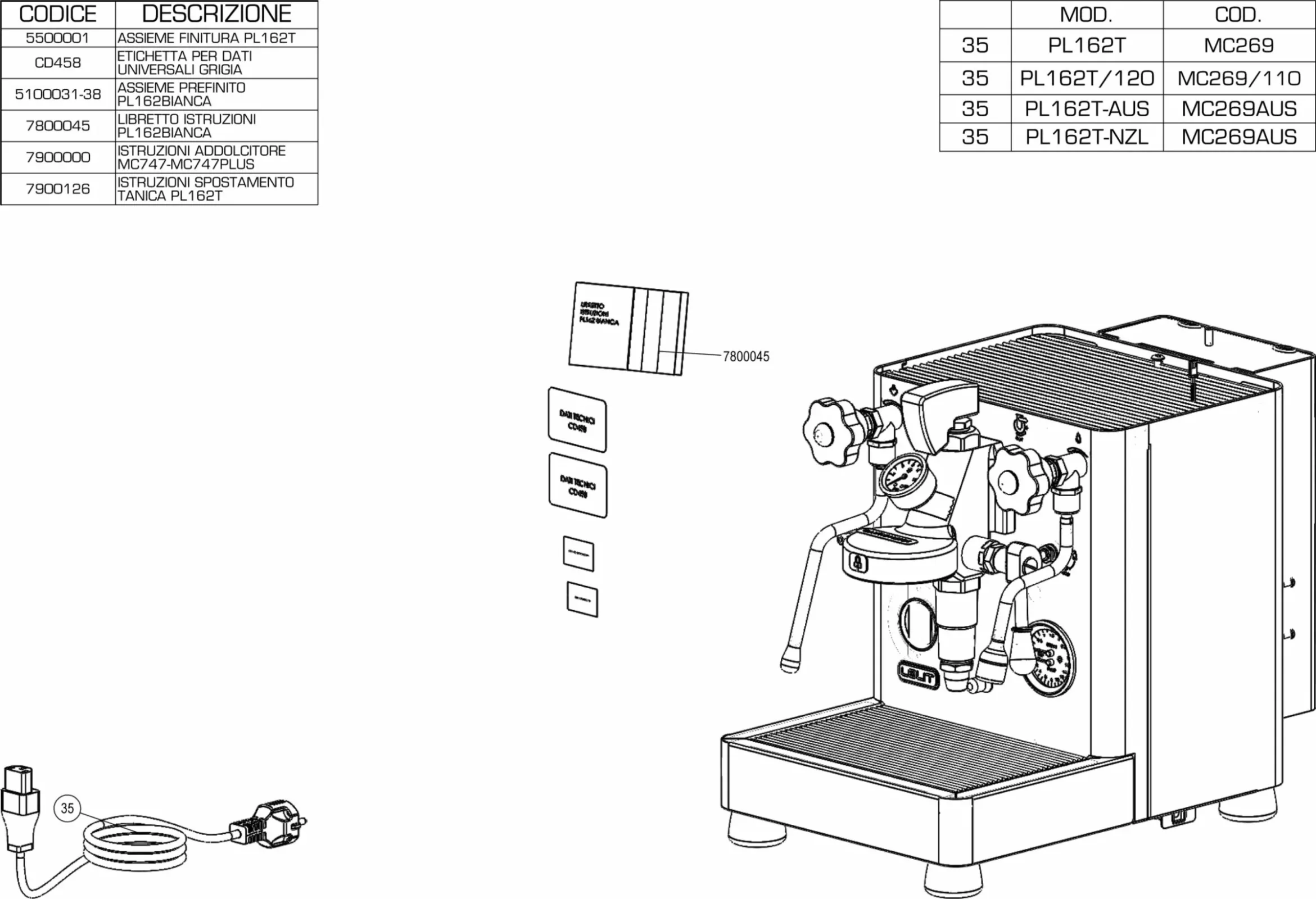 Technical diagram of an espresso machine with labeled components, an itemized parts list in Italian, and images of the power cord and small separate labeled items for assembly reference. © 2025 1st-line.com