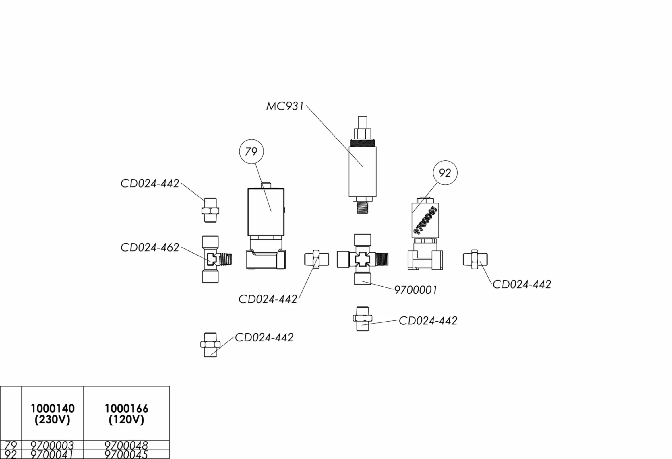 Technical diagram with labeled parts, including components MC931, 79, and 92, connected by multiple fittings labeled CD024-442, CD024-462, 9700001, and CD024-448. Small title block is in the lower left corner. © 2025 1st-line.com