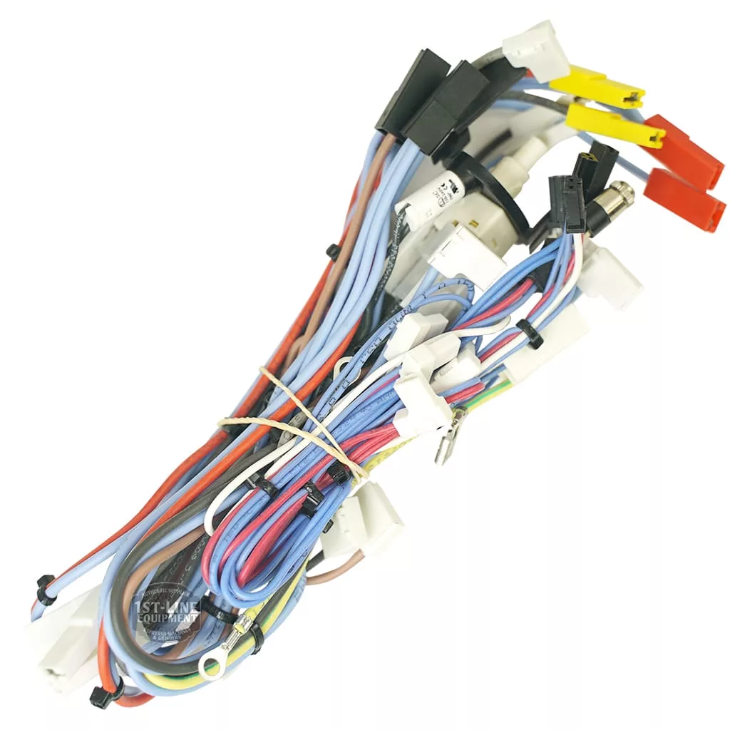 The DISCONTINUED Lelit 3000037 Complete Wiring is a bundle of multicolored electrical wires with connectors and clips, secured by rubber bands and zip ties, shown on a white background. © 2025 1st-line.com
