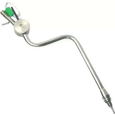 The Elektra 03780015 Milk Frother Wand features a stainless steel, curved and angled design with attached tubing and a green plastic lever for easy water or air flow control—resembling a dental air-water syringe tip. © 2025 1st-line.com