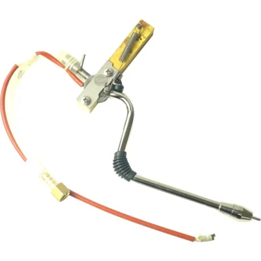 The Elektra 03799034 Milk Frother Assembly features a spring-loaded clamp, flexible metal hose, red and white wires, and a connector. Designed for precise assembly tasks like soldering or welding delicate components. © 2025 1st-line.com