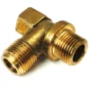 The F..115 BOILER UPPER FITTING is a brass elbow with two threaded ends for right-angle pipe connections, featuring a shiny gold finish with slight wear, ideal for boiler use. © 2025 1st-line.com