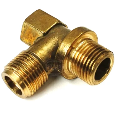 The F..115 BOILER UPPER FITTING is a brass elbow with two threaded ends for right-angle pipe connections, featuring a shiny gold finish with slight wear, ideal for boiler use. © 2025 1st-line.com