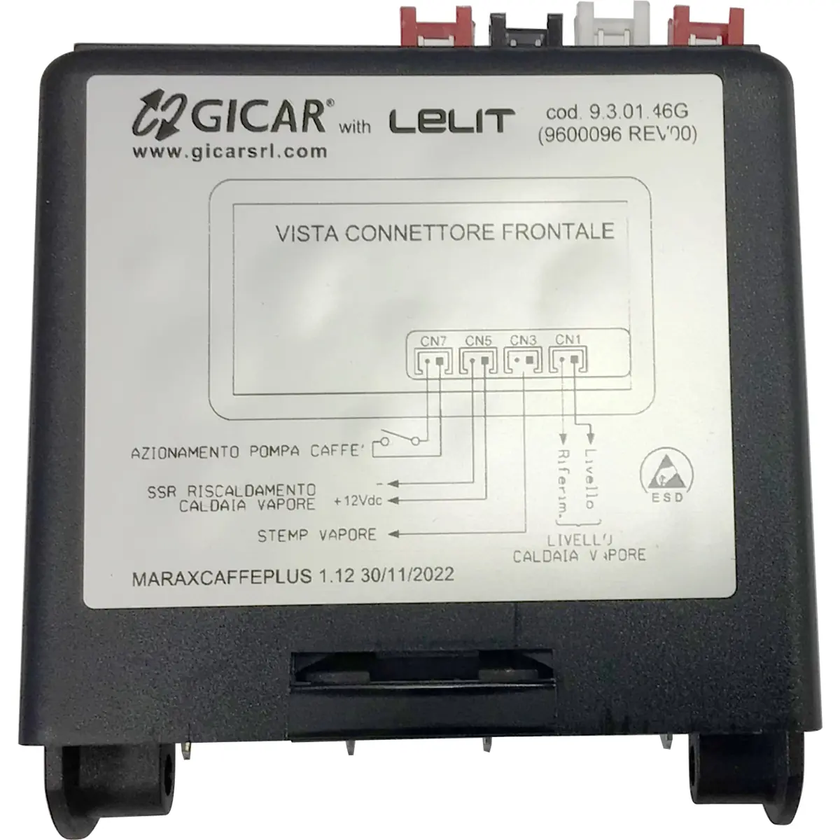 The Gicar 9600096 Brain Unit - 9.3.01.46G for Lelit PL62X Mara X features a front connector diagram, technical codes, and labeled top terminals for coffee machine connections.