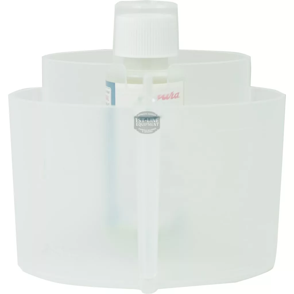 The Jura 72230 Milk System Cleaning Container is a translucent white container with a central compartment holding a partially visible spray bottle, designed for use with Jura 72230 Milk System Cleaning. © 2025 1st-line.com